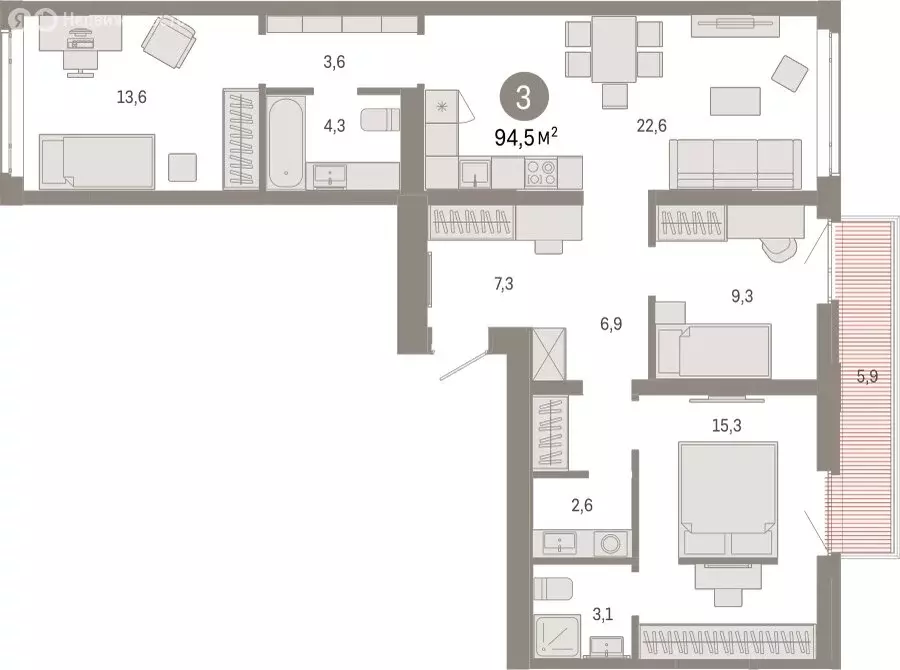 3-комнатная квартира: Тюмень, Ленинский округ (94.45 м) - Фото 1