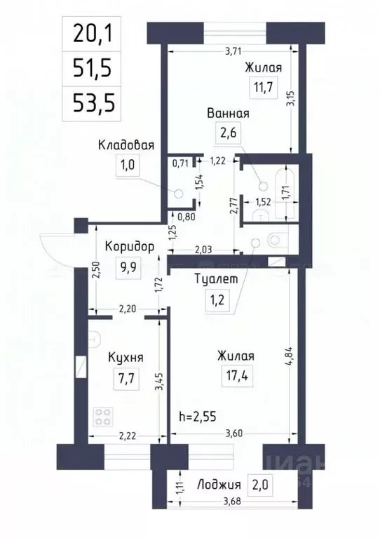 2-к кв. Татарстан, Казань ул. Челюскина, 31 (53.0 м) - Фото 2