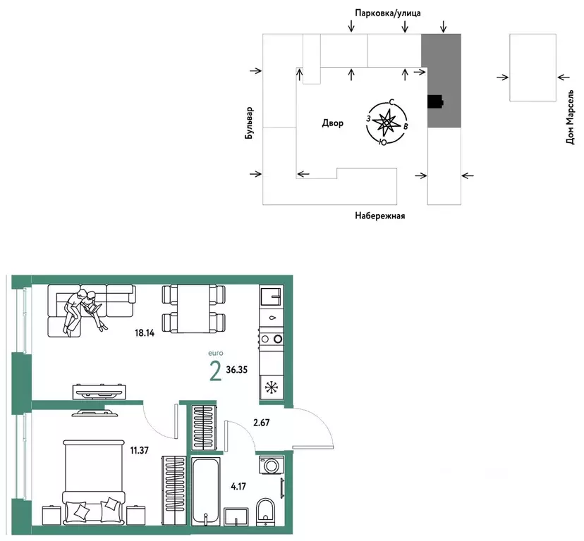 2-к кв. Тюменская область, Тюмень Береговая ул., 100к2 (36.35 м) - Фото 1