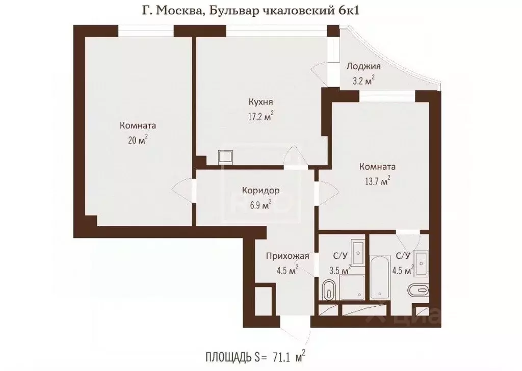 2-к кв. Москва бул. Чкаловский, 6к1 (70.9 м) - Фото 2