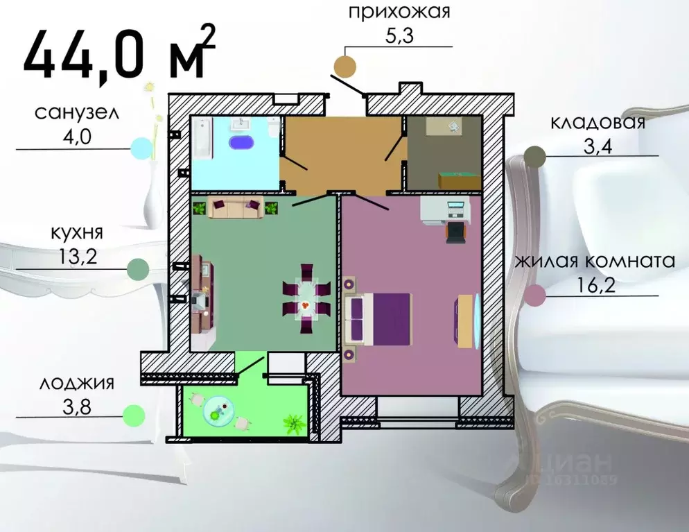 1-к кв. Воронежская область, Воронеж Путиловская ул., 19/1 (44.0 м) - Фото 0