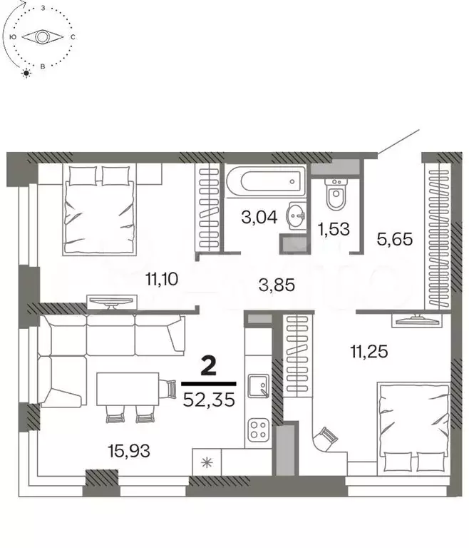 2-к. квартира, 52,4м, 4/26эт. - Фото 0