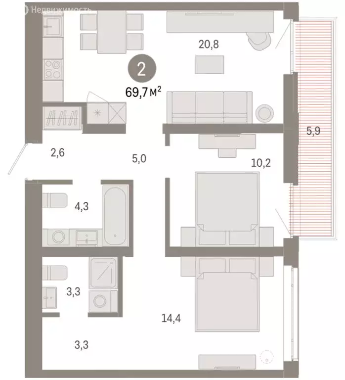 2-комнатная квартира: Тюмень, улица Республики, 205к3 (69.7 м) - Фото 1