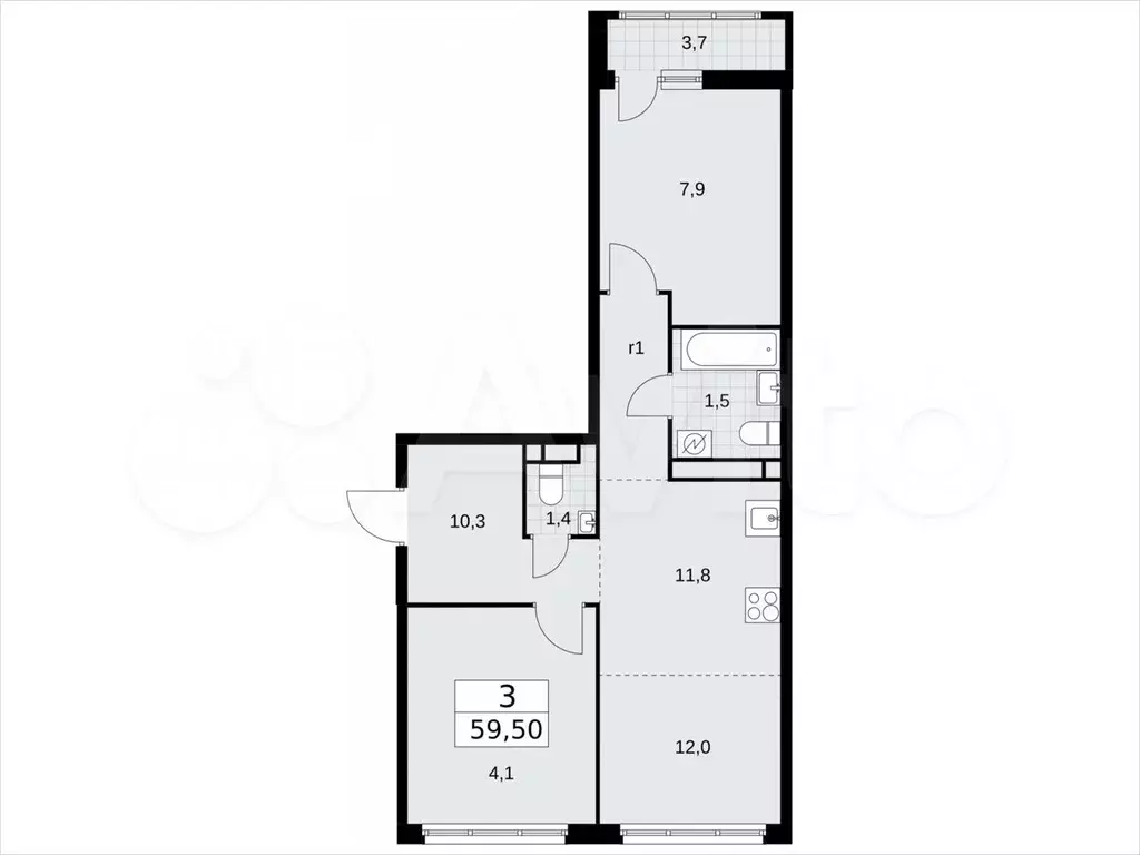 3-к. квартира, 59,5м, 6/9эт. - Фото 0