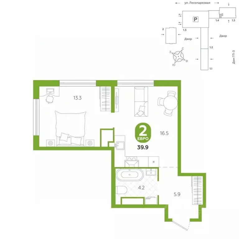 2-к кв. Тюменская область, Тюмень ул. Лесопарковая, 22 (39.9 м) - Фото 0