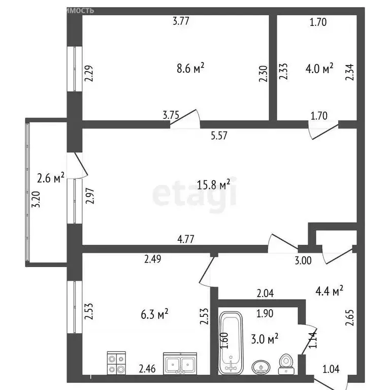 2-комнатная квартира: Стерлитамак, Локомотивная улица, 2А (42.4 м) - Фото 1