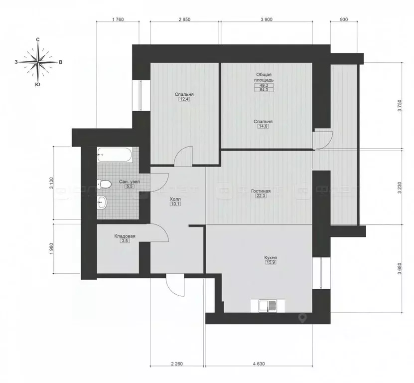 3-к кв. Татарстан, Казань ул. Зур Урам, 42 (84.0 м) - Фото 2