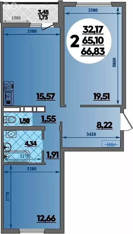 2-комнатная квартира: Республика Адыгея (Адыгея), Майкоп (66.83 м) - Фото 1