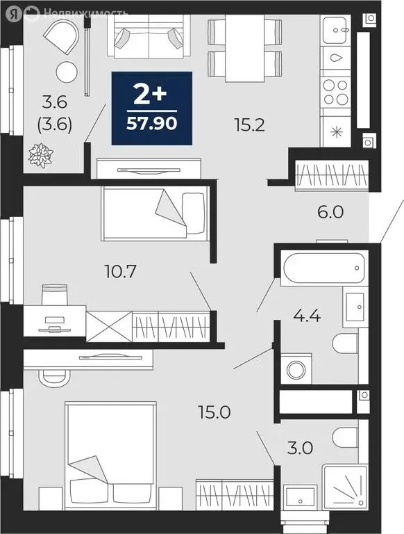 2-комнатная квартира: Тюмень, проезд Капитана Куликова, 5 (57.9 м) - Фото 1