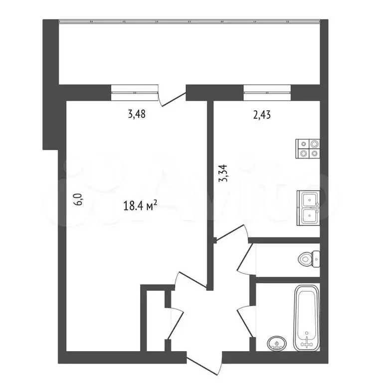 1-к. квартира, 34,9 м, 6/9 эт. - Фото 0