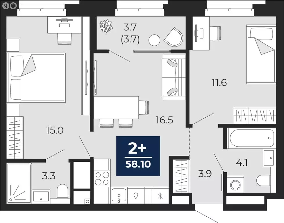 2-комнатная квартира: Тюмень, проезд Капитана Куликова, 5 (58.1 м) - Фото 1