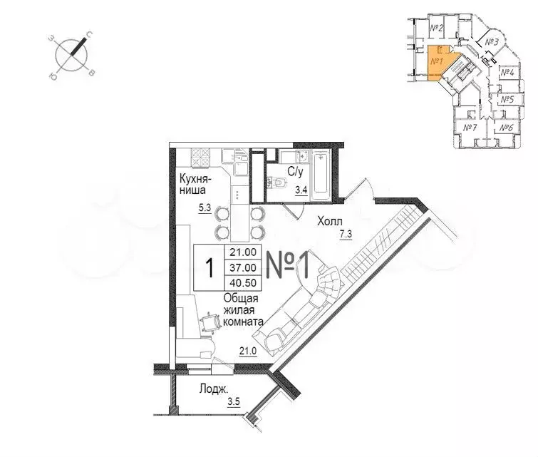 Квартира-студия, 40,8 м, 5/17 эт. - Фото 0
