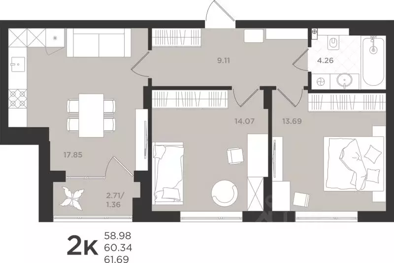 2-к кв. Калининградская область, Светлогорск  (60.34 м) - Фото 1