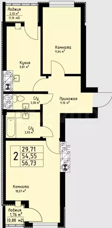 2-к. квартира, 56,7м, 5/9эт. - Фото 1