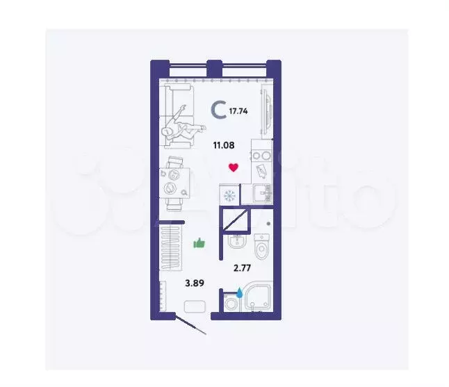 Квартира-студия, 17,7 м, 10/16 эт. - Фото 1
