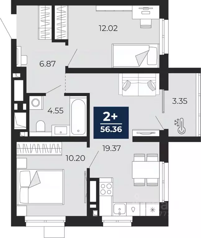 2-к кв. Тюменская область, Тюмень Беринг жилой комплекс (54.68 м) - Фото 1