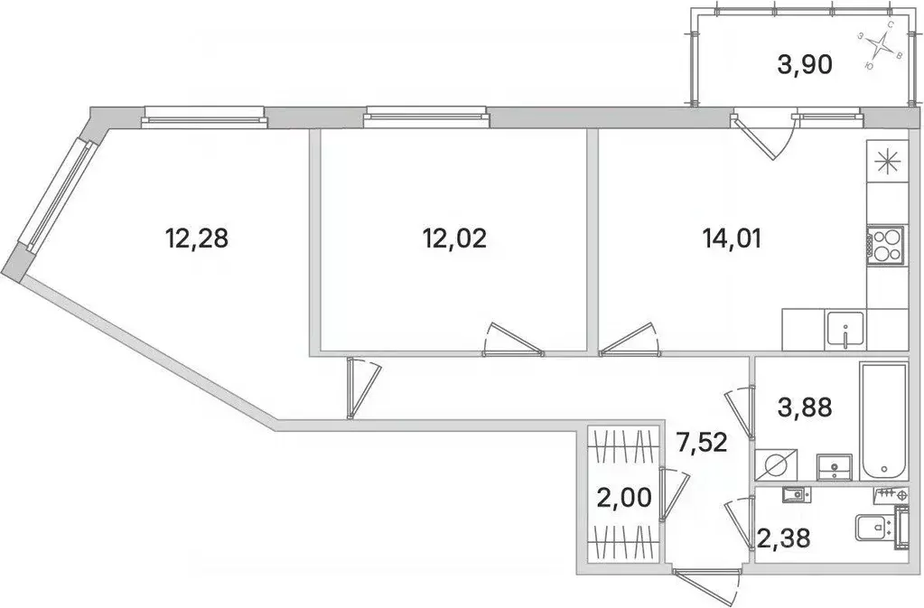 Квартира, 2 комнаты, 54.09 м - Фото 1