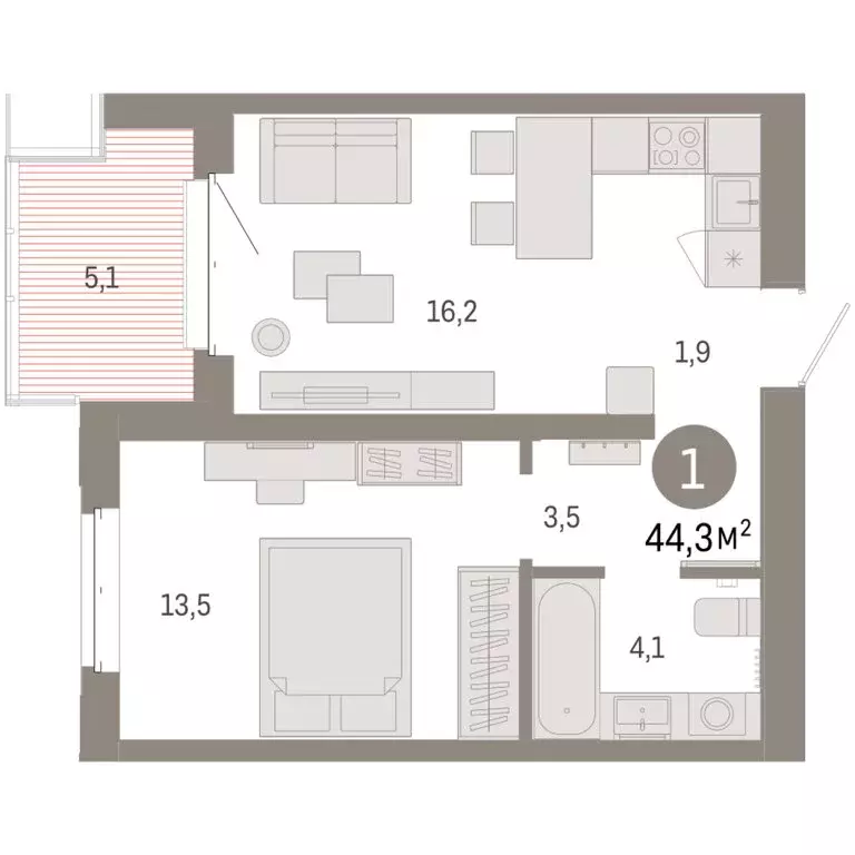 1-комнатная квартира: Тюмень, жилой комплекс На Минской (44.3 м) - Фото 1