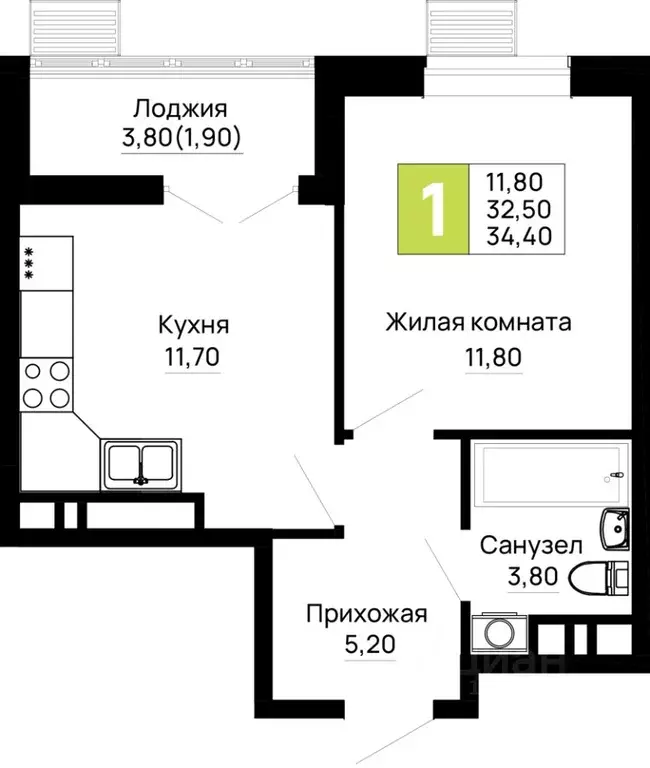 1-к кв. Адыгея, Тахтамукайский район, Яблоновский пгт  (34.4 м) - Фото 1