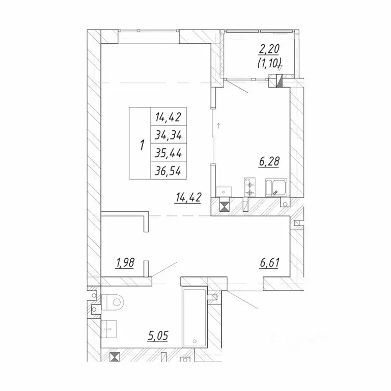 1-к кв. Калининградская область, Зеленоградск  (36.54 м) - Фото 1
