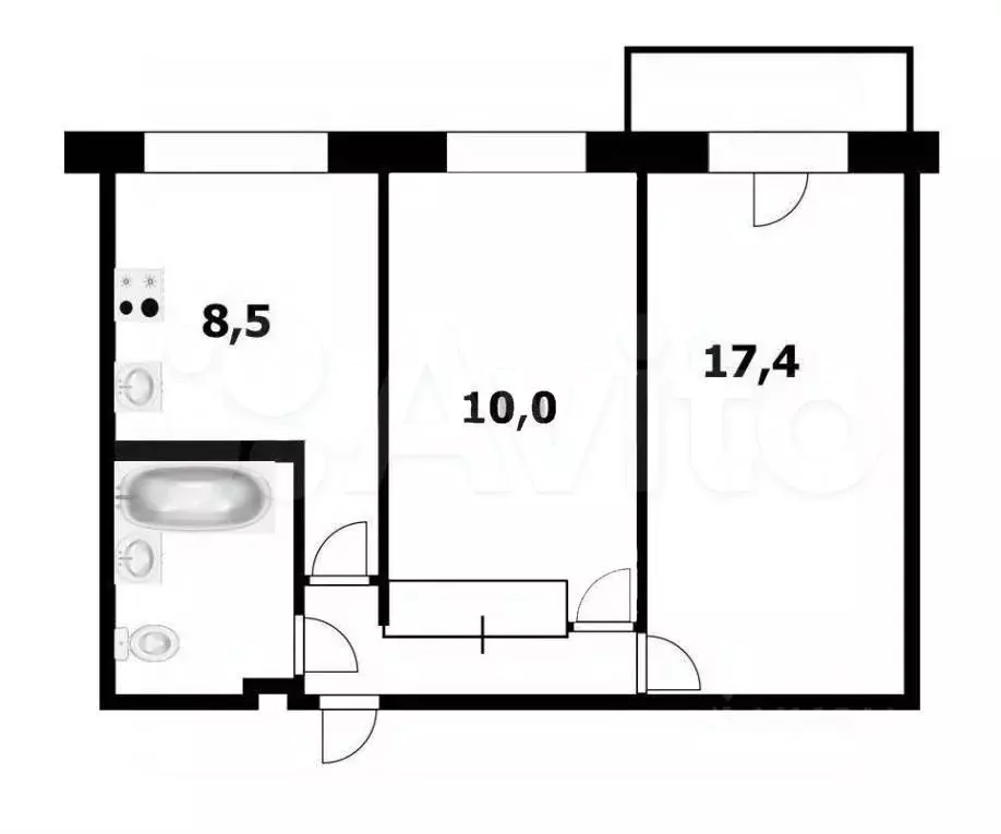2-к. квартира, 44,1 м, 1/5 эт. - Фото 0