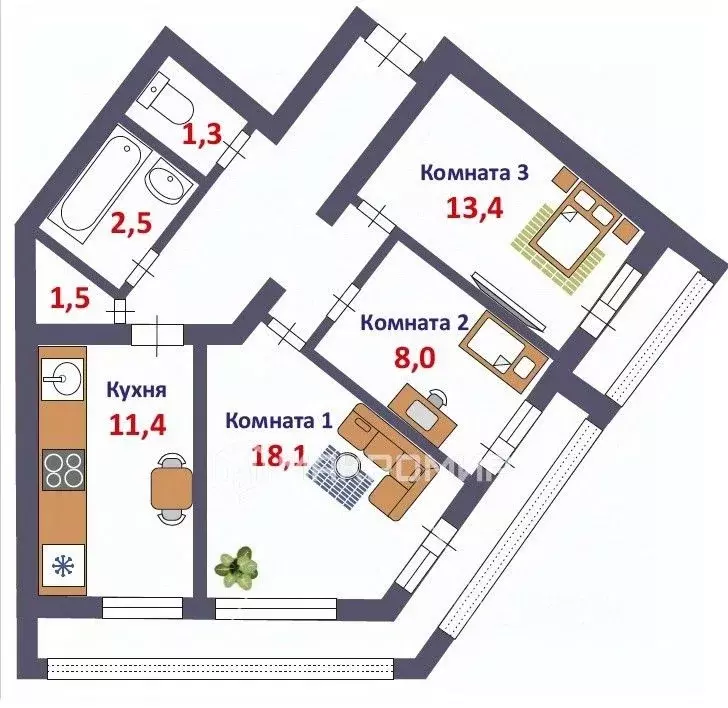 3-к кв. Кировская область, Киров ул. Ленина, 15 (63.2 м) - Фото 1