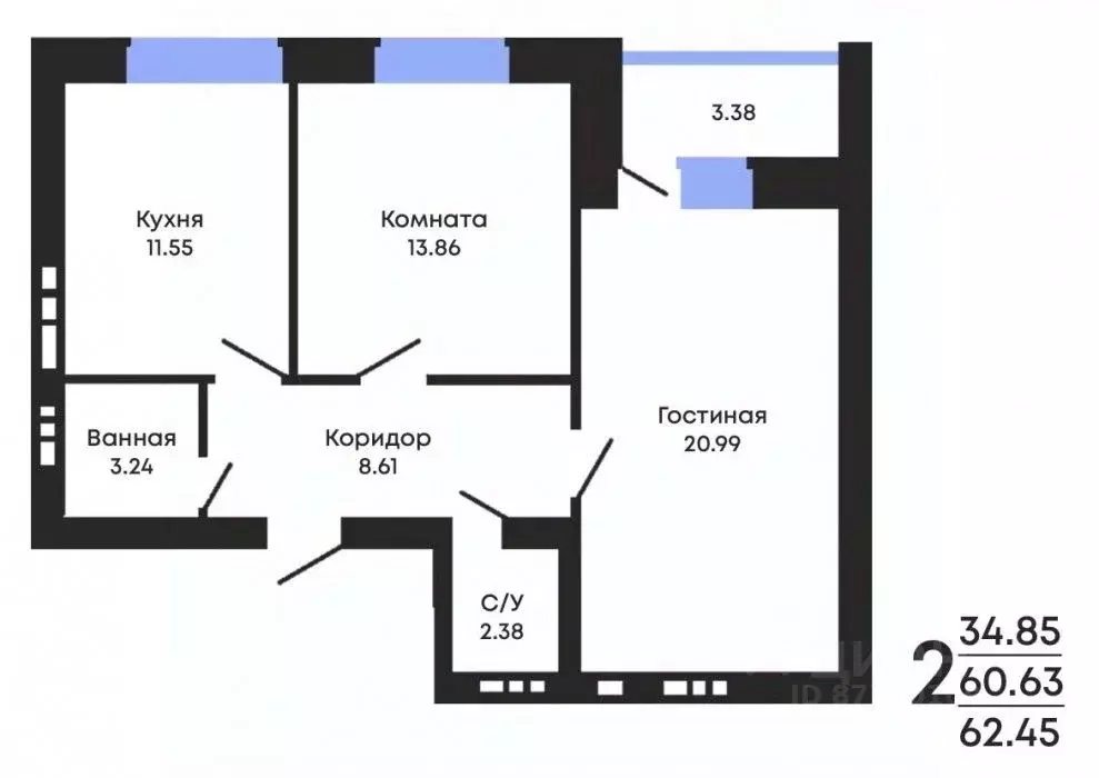 2-к кв. Воронежская область, Воронеж ул. Курчатова, 26Б (62.45 м) - Фото 0