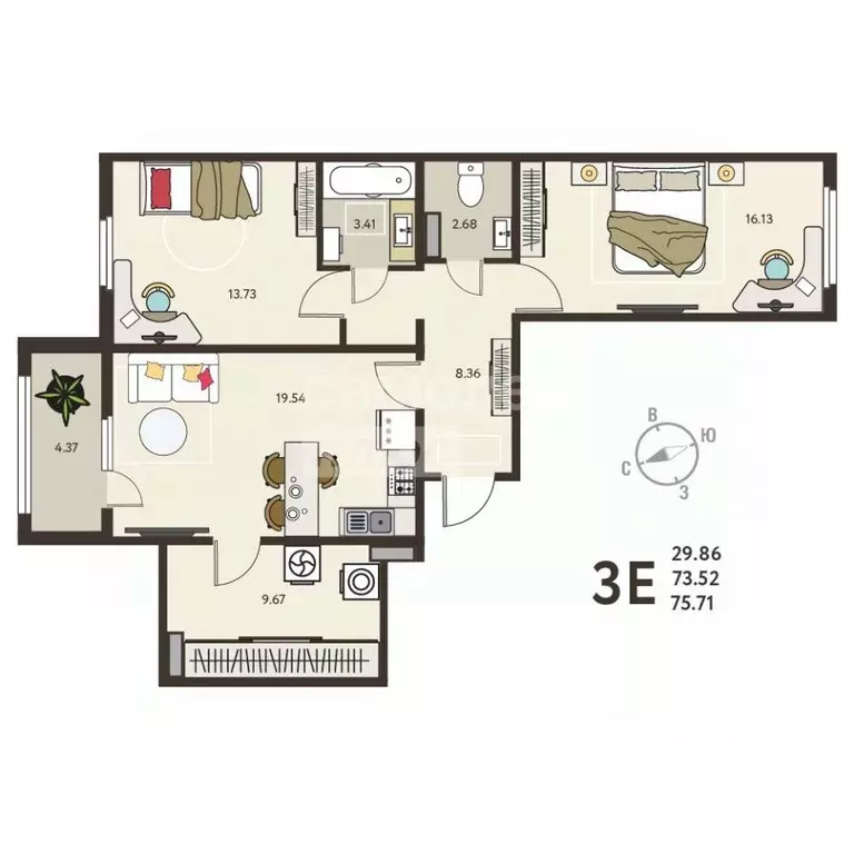 2-к кв. Курская область, Курск ул. Энгельса, 115 (75.71 м) - Фото 1