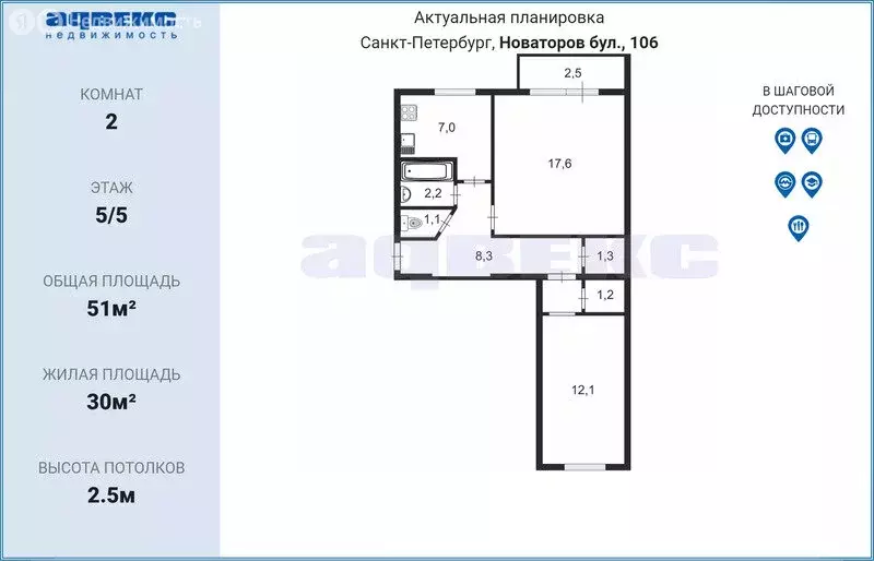 2-комнатная квартира: Санкт-Петербург, бульвар Новаторов, 106 (51 м) - Фото 1