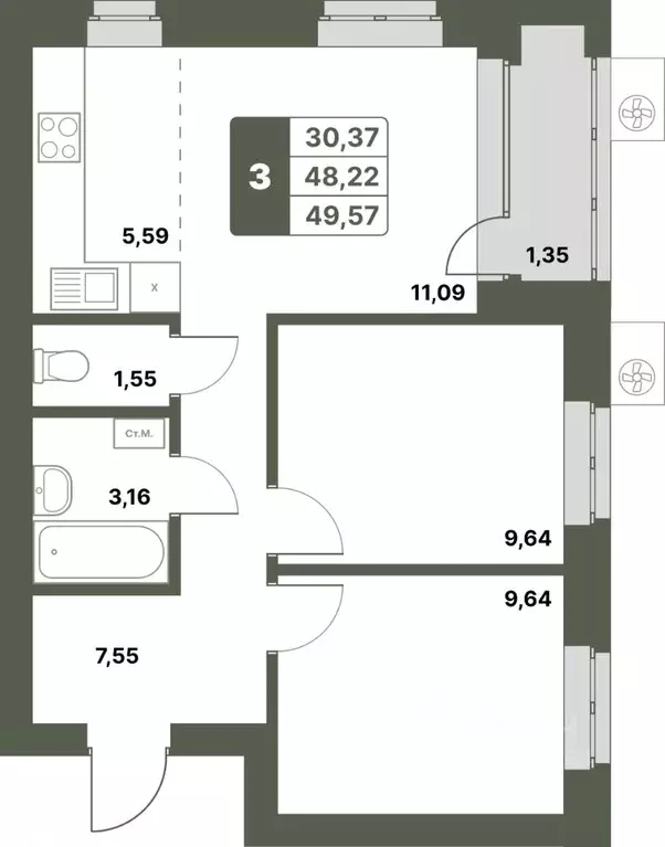3-к кв. Башкортостан, Уфимский район, с. Миловка  (49.57 м) - Фото 1