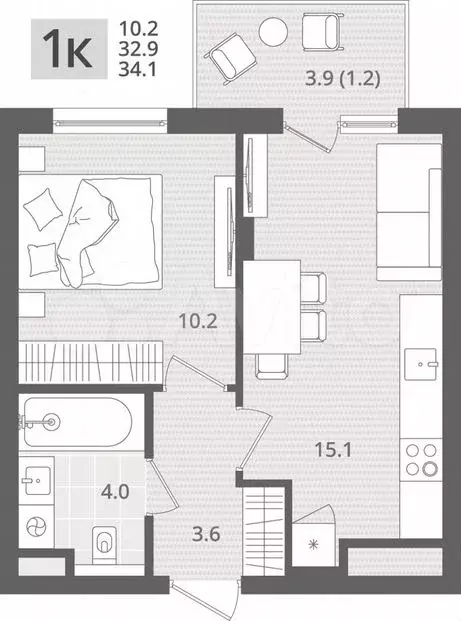 1-к. квартира, 34,1м, 5/7эт. - Фото 1