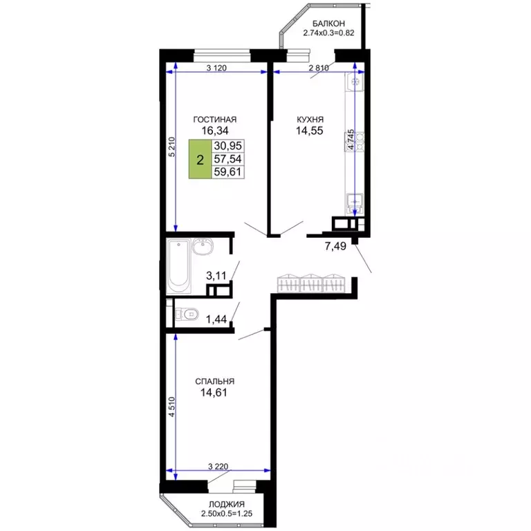 2-к кв. Адыгея, Майкоп  (59.61 м) - Фото 0
