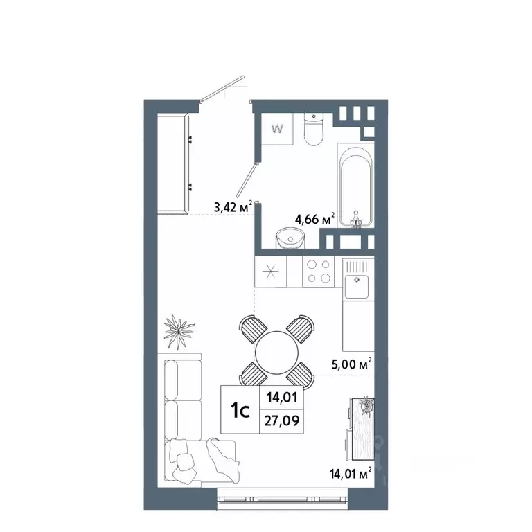 Студия Башкортостан, Уфа 42-й кв-л,  (26.89 м) - Фото 1