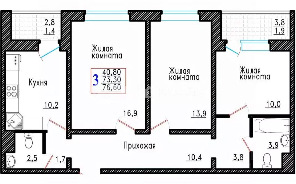 3-к кв. Воронежская область, Воронеж Острогожская ул., 166/3 (76.6 м) - Фото 0