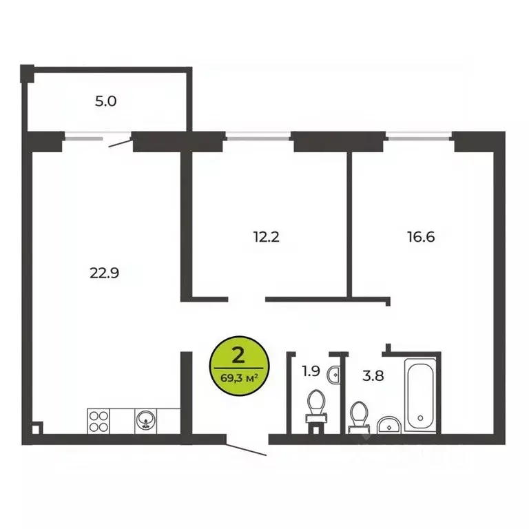 2-к кв. Брянская область, Брянск ул. Ильи Иванова, 3А (69.3 м) - Фото 2
