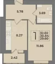 1-к. квартира, 30,8 м, 9/9 эт. - Фото 1