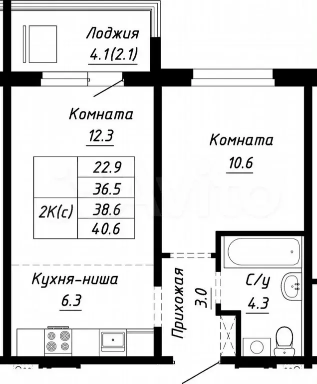 2-к. квартира, 38,6 м, 8/10 эт. - Фото 1