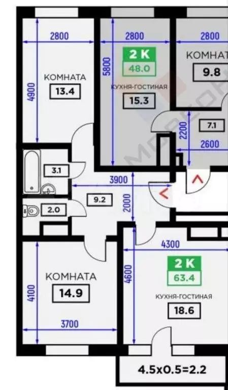 2-к. квартира, 63 м, 11/24 эт. - Фото 0