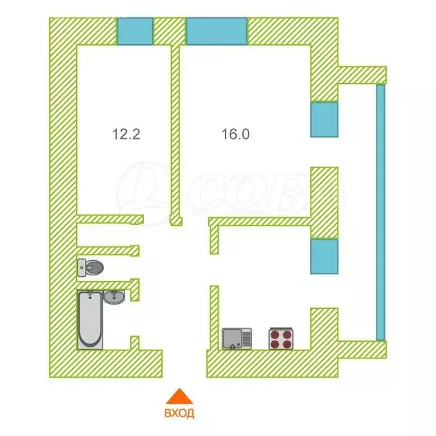 2-комнатная квартира: Тюмень, улица Монтажников, 2 (47.2 м) - Фото 2