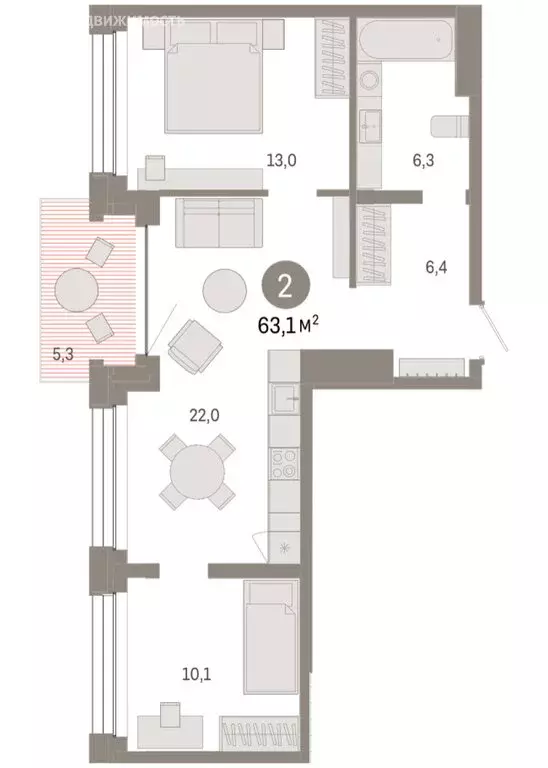3-комнатная квартира: Тюмень, улица Муравленко, 9к1 (63.08 м) - Фото 2
