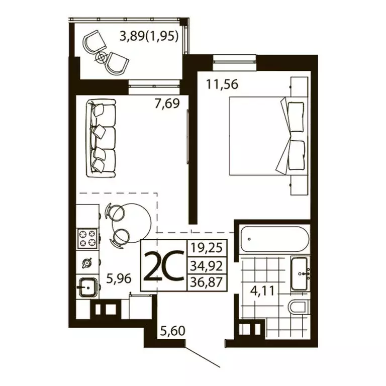 2-к квартира, 36.87 м - Фото 0