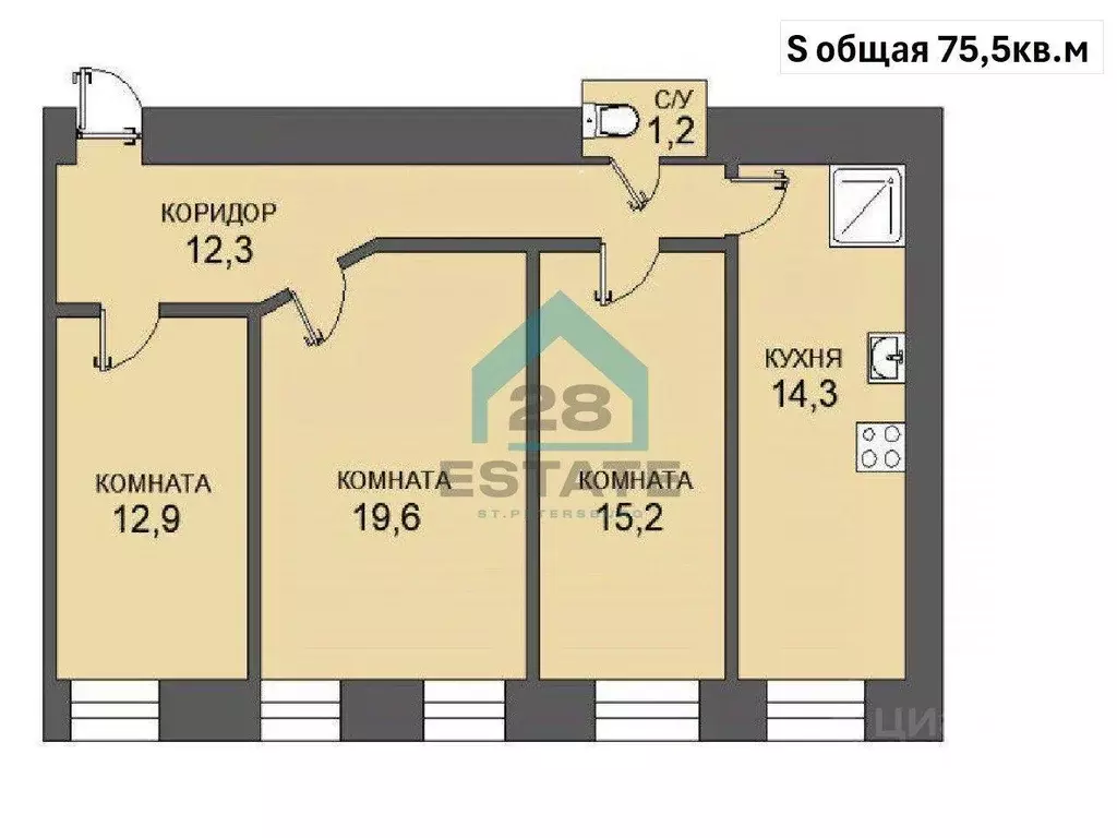 Квартира, 3 комнаты, 75.5 м - Фото 1