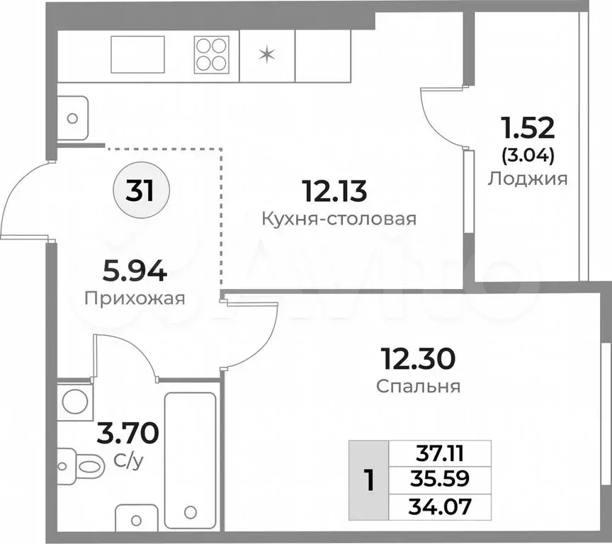 1-к. квартира, 37 м, 8/10 эт. - Фото 1