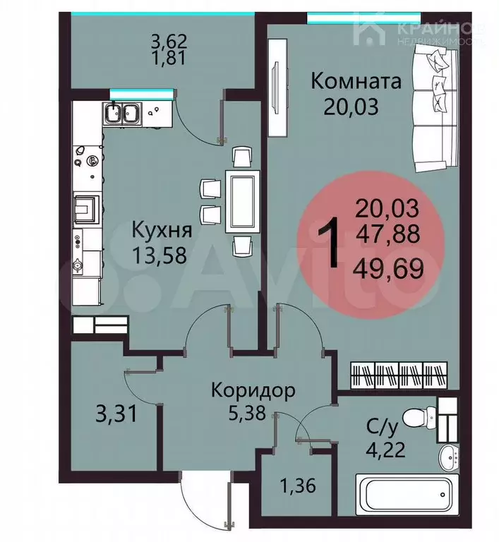 1-к. квартира, 49,7 м, 7/22 эт. - Фото 0