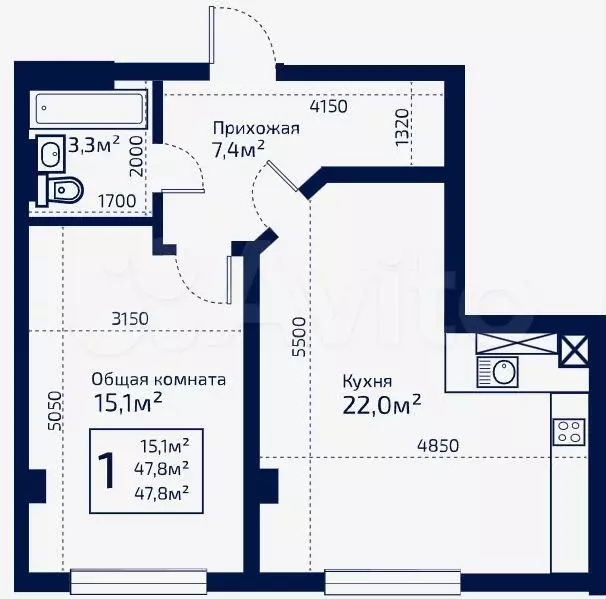 1-к. квартира, 48,4 м, 1/9 эт. - Фото 0