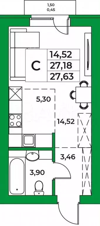 1-к. квартира, 27,6 м, 5/9 эт. - Фото 0