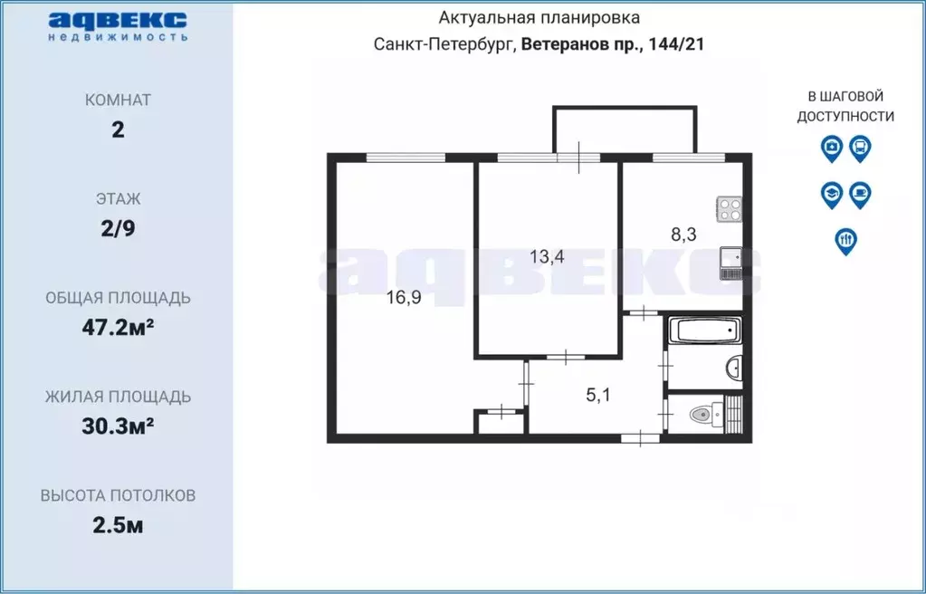 2-к кв. Санкт-Петербург просп. Ветеранов, 144/21 (47.2 м) - Фото 1