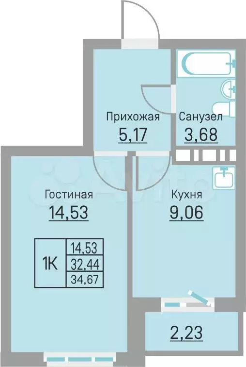 1-к. квартира, 34,7м, 2/16эт. - Фото 0