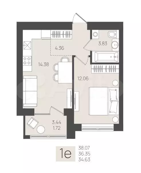 1-к. квартира, 36,4 м, 4/5 эт. - Фото 1