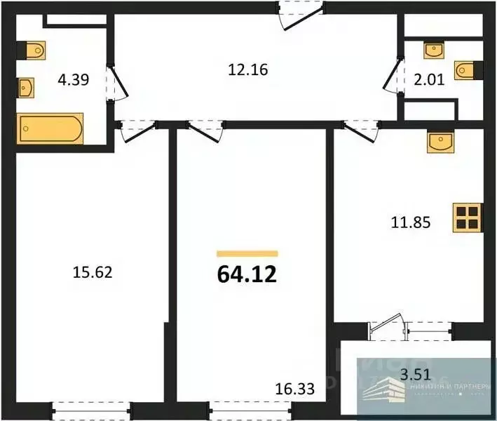 2-к кв. Воронежская область, Воронеж ул. Ломоносова, 116Б (64.1 м) - Фото 0